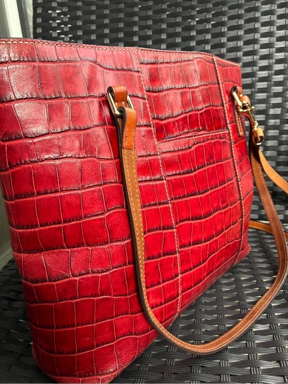 Dooney & Bourke Red Croc-Embossed Tote with Tan Straps - Picture 7 of 16
